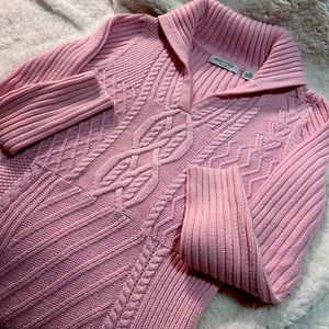 Pretty pink Liz Claiborne cable knit sweater with collar.